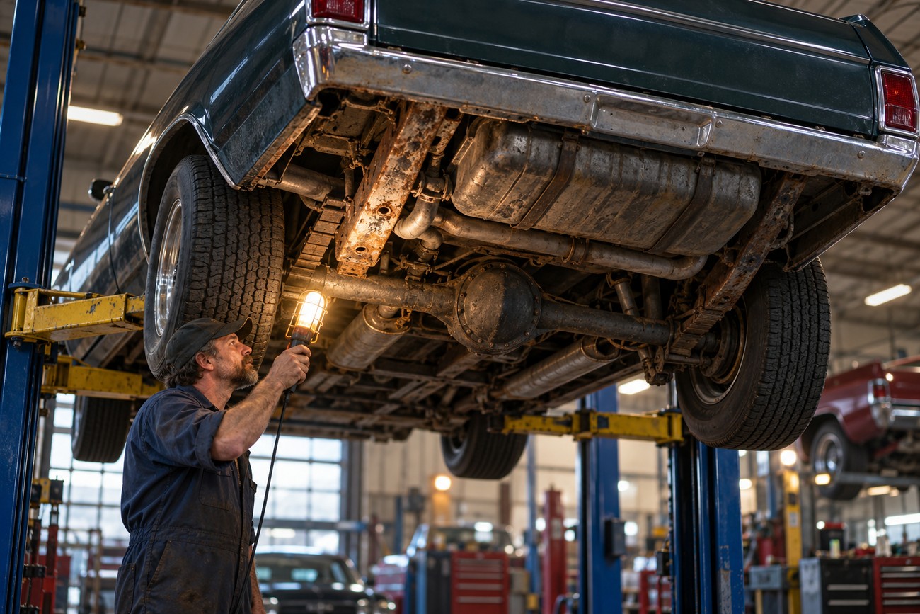 Mechanic holding a drop light while inspecting the rusty undercarriage of a classic El Camino SS 454 lifted on a hydraulic hoist in a garage