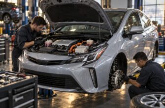 Two mechanics in a service center performing maintenance on the engine and brakes of a gray hybrid car on a lift