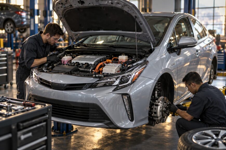 Two mechanics in a service center performing maintenance on the engine and brakes of a gray hybrid car on a lift