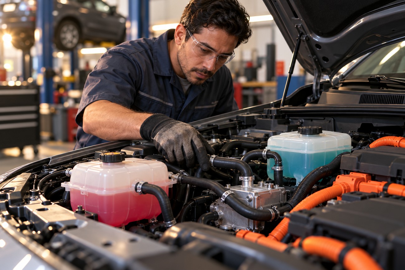 A mechanic in safety glasses inspecting the complex components under the hood of a hybrid car