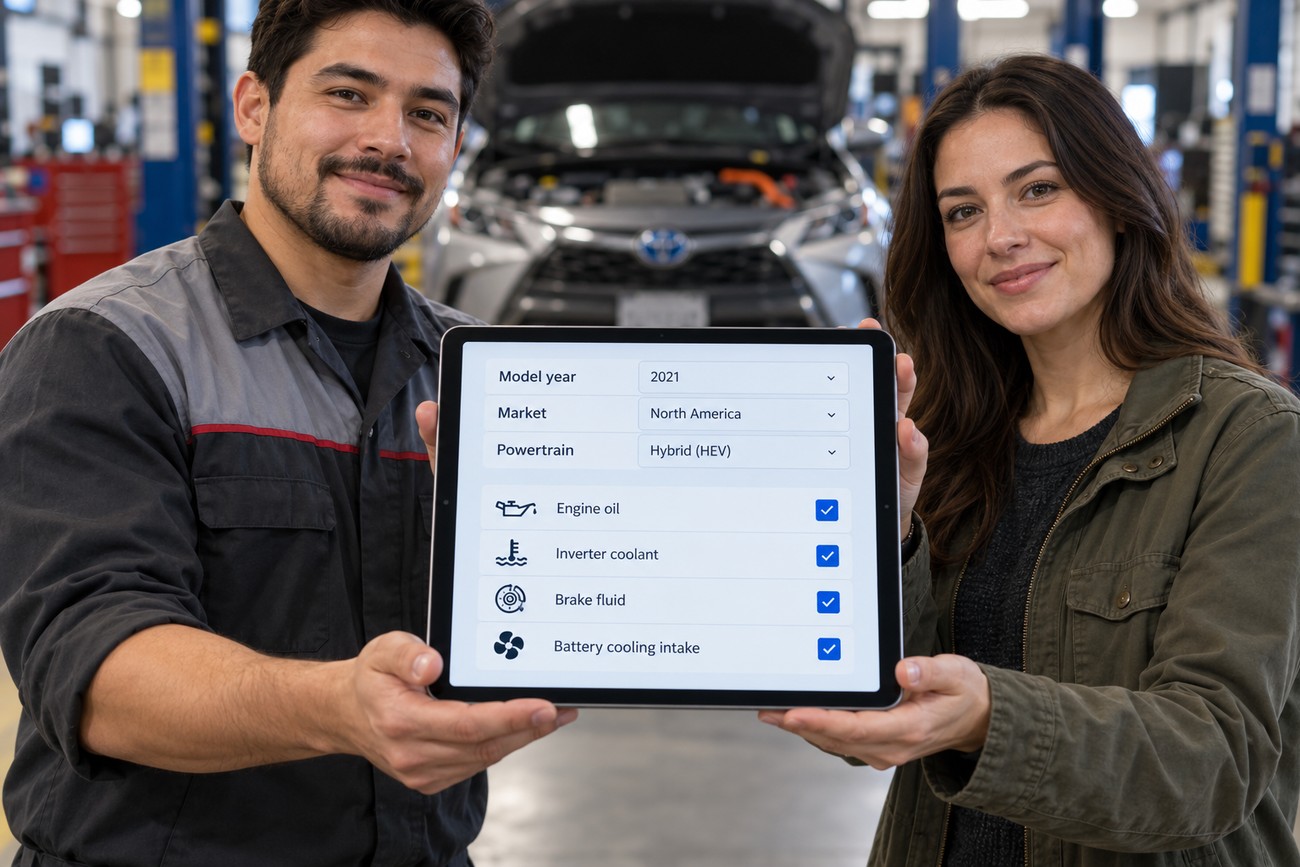 A smiling mechanic and a woman holding a tablet showing a hybrid vehicle maintenance checklist in a repair shop with a car in the background