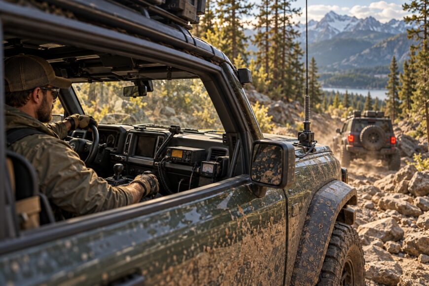 A driver inside a muddy off-road vehicle using a dashboard-mounted CB radio while driving on a rugged mountain trail