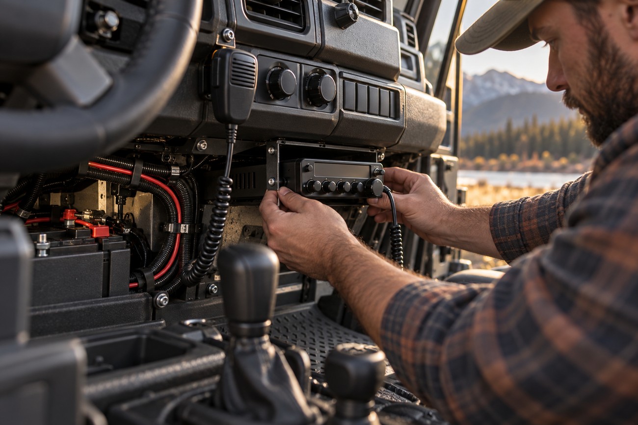 Man installing a CB radio unit into the dashboard of an off-road vehicle interior