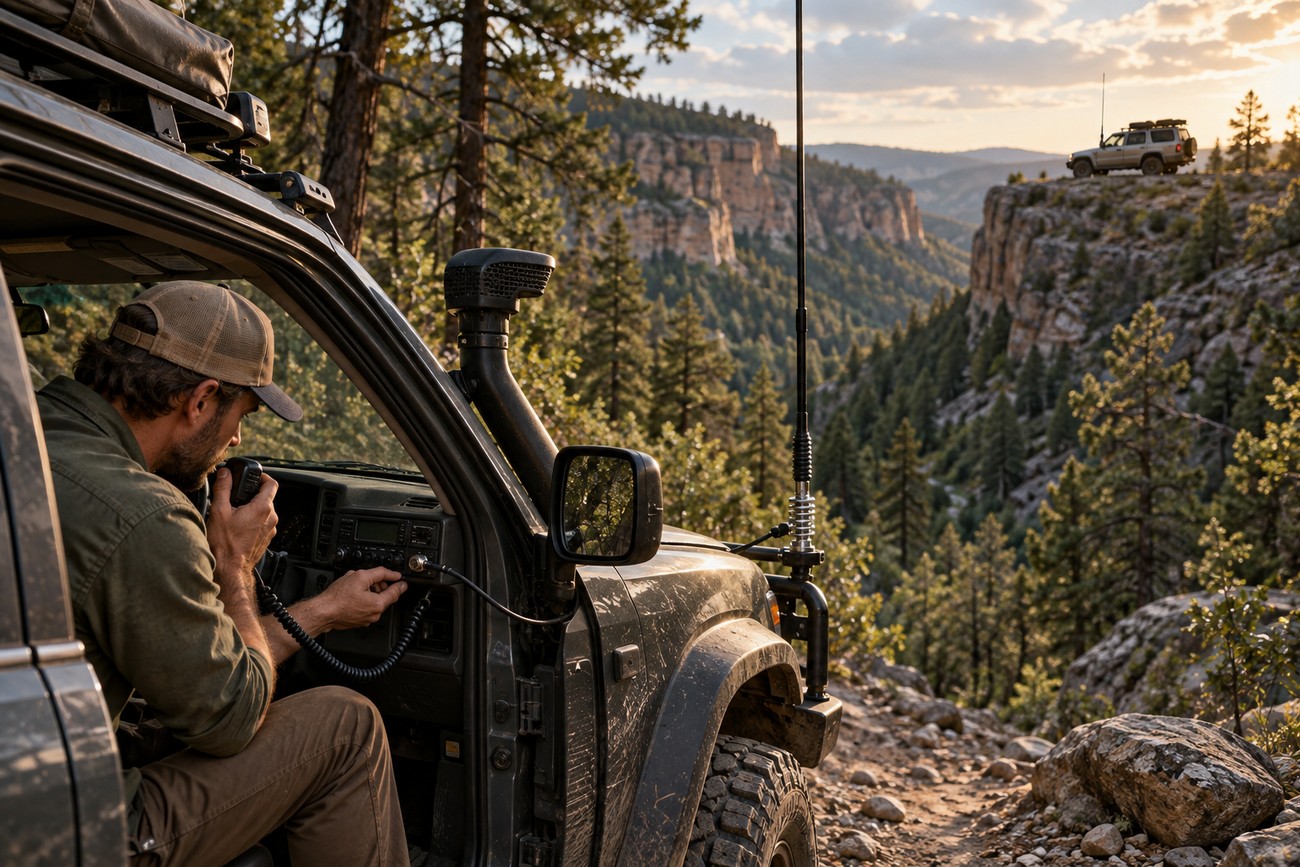 Driver sitting inside a muddy off-road vehicle and talking on a CB radio microphone with an exterior antenna mounted on the front