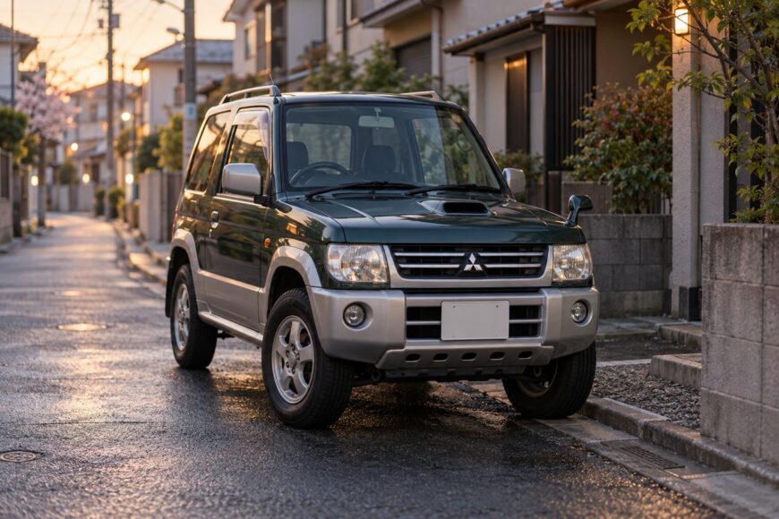 Dark green and silver Mitsubishi Pajero Mini Kei SUV parked on a wet narrow residential street in Japan during sunset