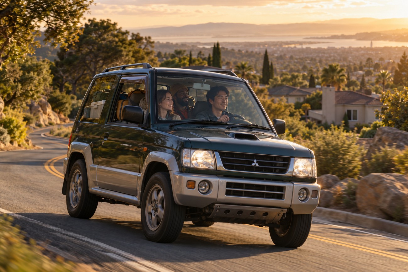 A group of friends smiling while driving a dark green Mitsubishi Pajero Mini Kei SUV on a winding coastal road at sunset