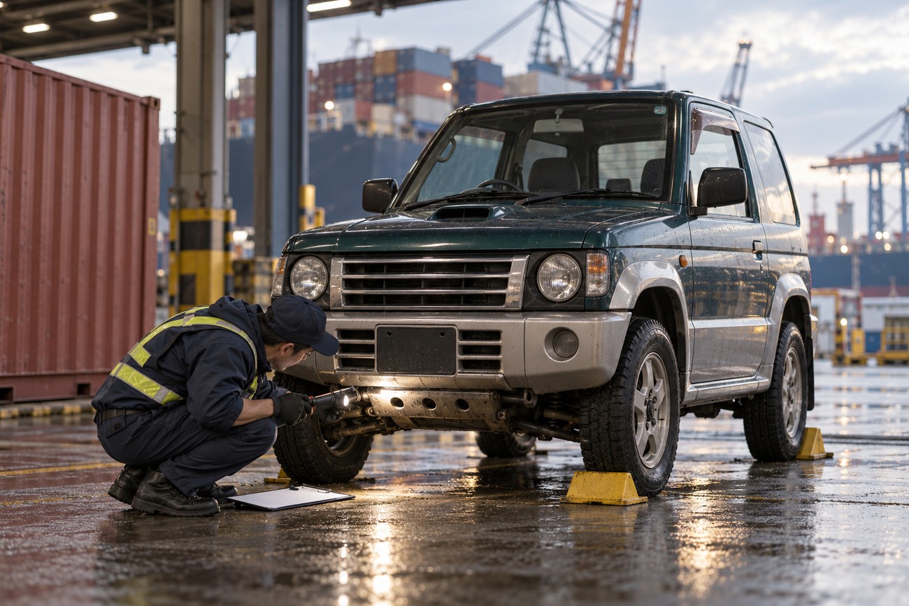 An inspector in a high-visibility vest inspects the front undercarriage of a green Mitsubishi Pajero Mini at a port terminal