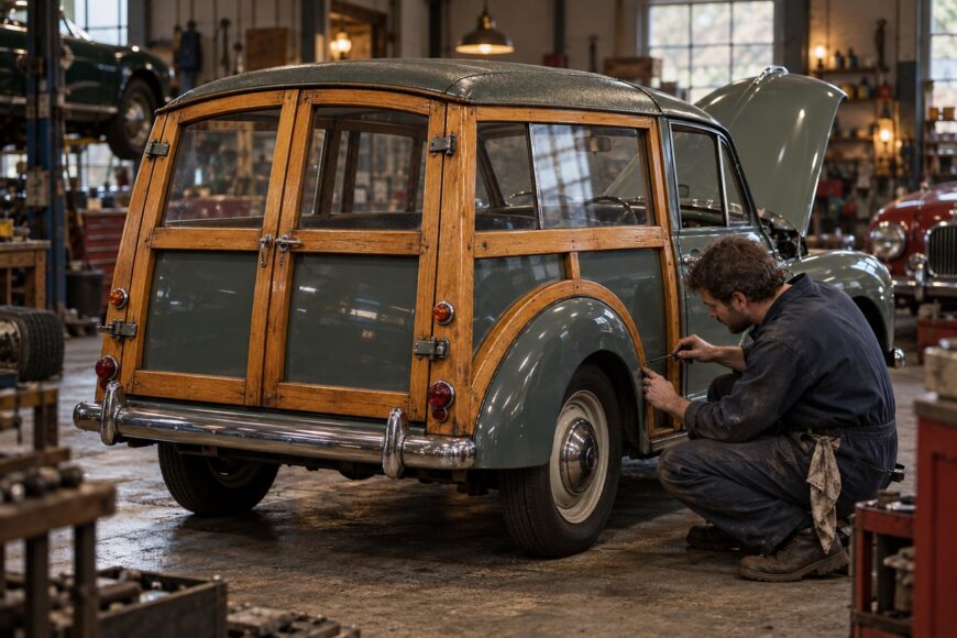 Mechanic carefully restoring the wood frame of a classic Morris Minor Traveller wagon in a garage