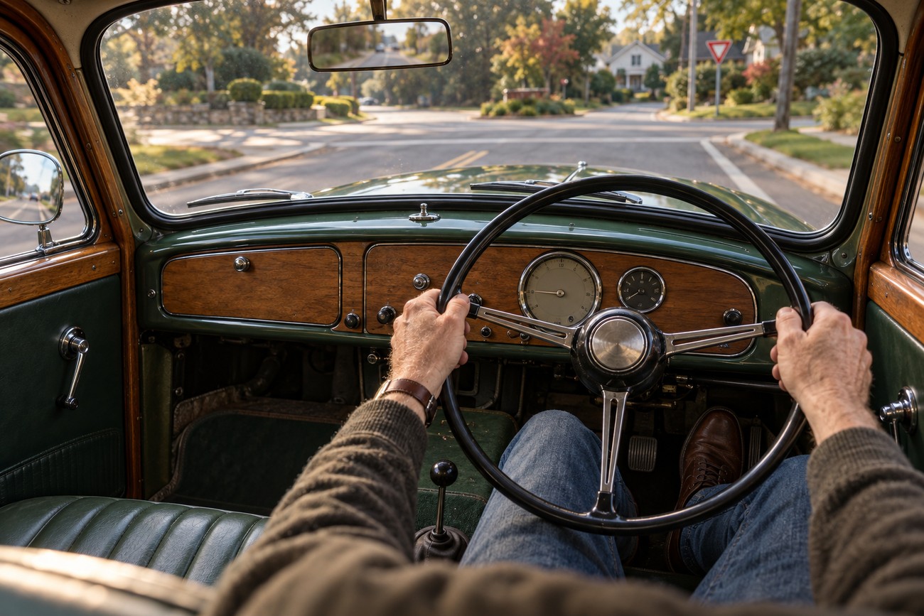 Driver holding the steering wheel inside the classic wooden interior of a Morris Minor Traveller while driving down a suburban street