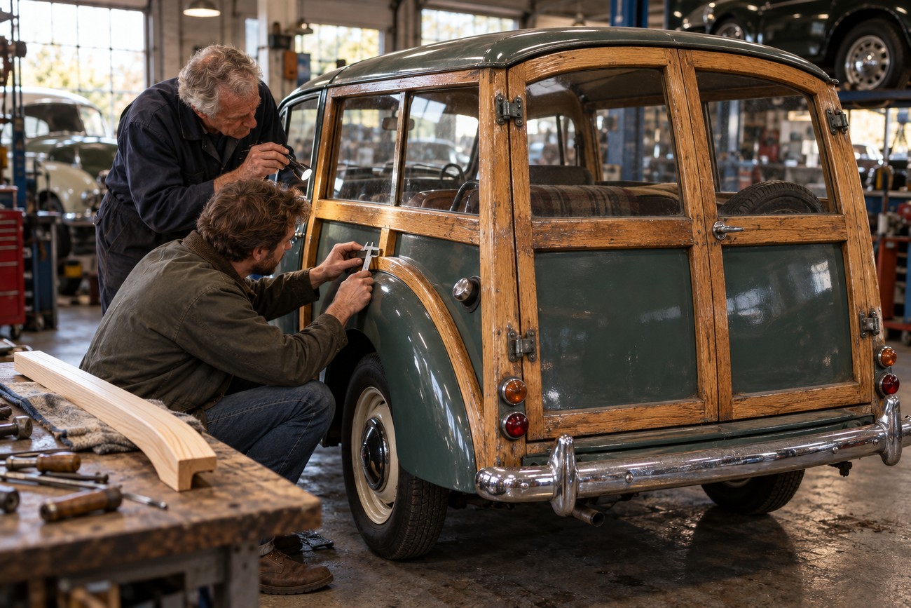 Two craftsmen measuring and inspecting the wooden frame of a classic Morris Minor Traveller in a garage workshop