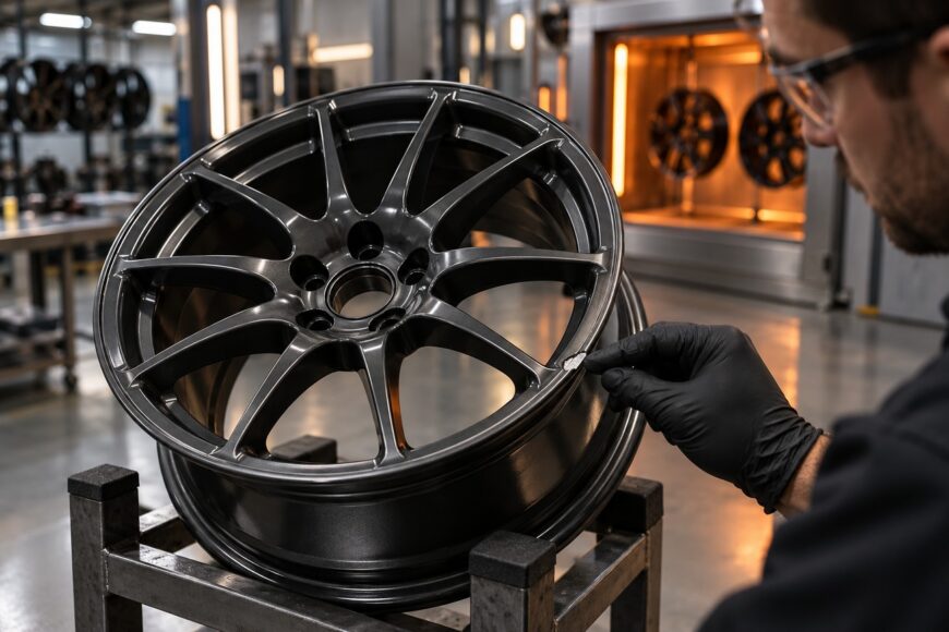 A technician in black gloves inspecting a dark metallic powder coated alloy wheel in a workshop