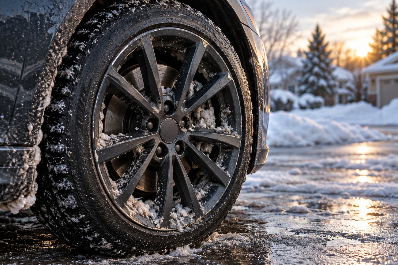 Close-up of a black powder coated car wheel with snow on the spokes parked on a slushy street during sunset