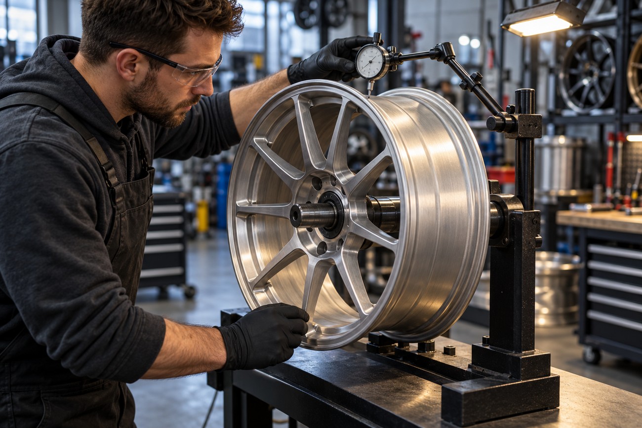 A technician wearing safety glasses and black gloves inspects a freshly coated alloy wheel with a dial gauge in a workshop