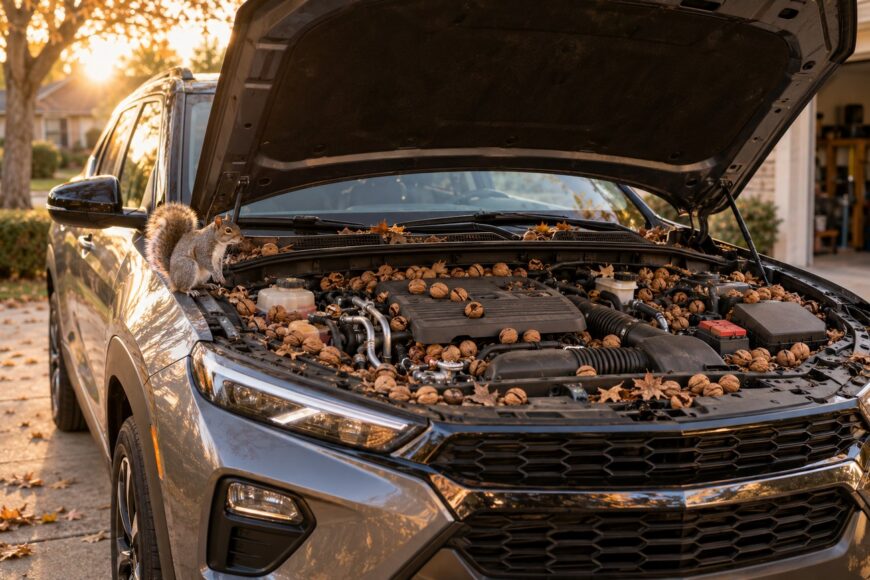 A curious squirrel sitting on the side of an open hood of a gray Chevy Trailblazer filled with walnuts in the engine compartment