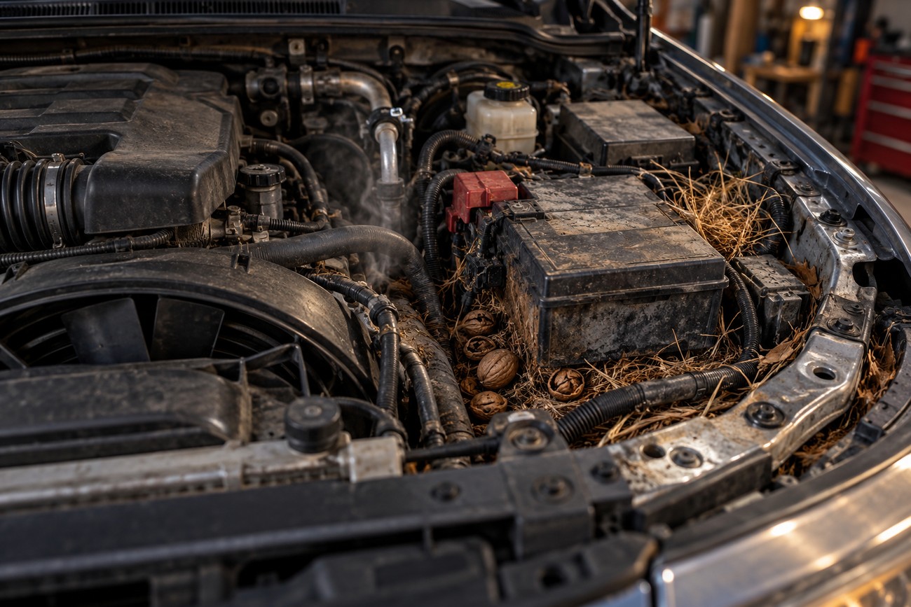 Walnuts and dry grass nesting material hidden by squirrels inside a dirty Chevy Trailblazer engine bay