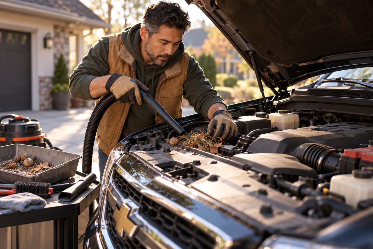 A man in a vest and work gloves uses a vacuum nozzle to clean walnuts and debris from under the hood of a Chevy Trailblazer