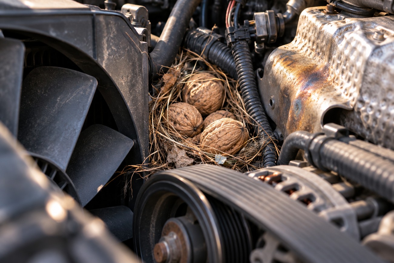 A nest made of dry grass and several walnuts tucked inside a dirty car engine bay next to the radiator fan and belts