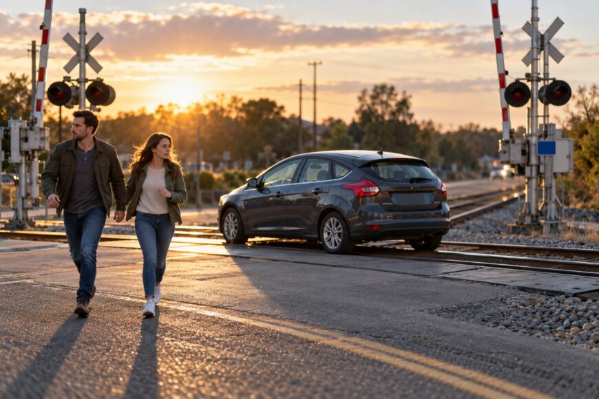 A man and a woman walking away from their stalled dark grey Ford Focus on a railroad crossing at sunset