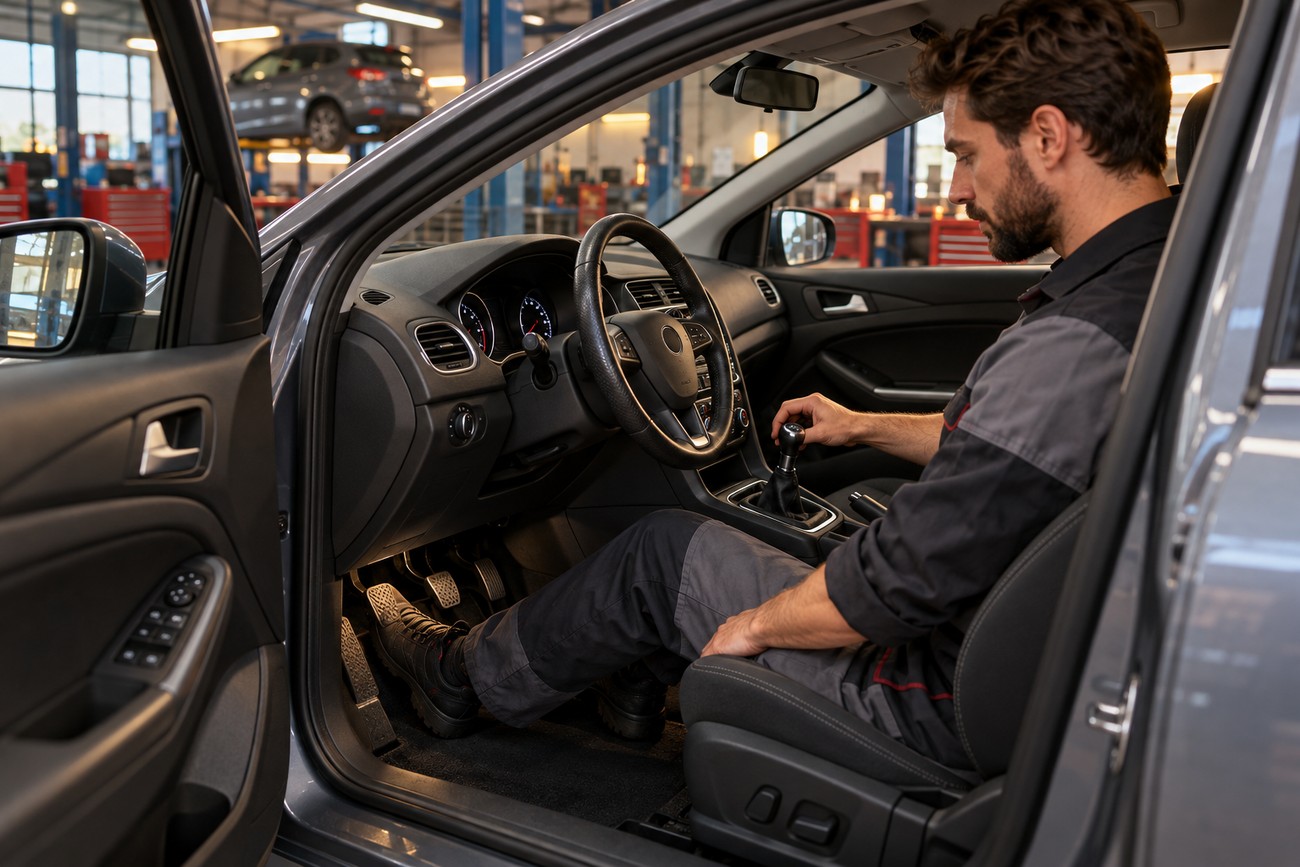 A mechanic sitting in the driver seat of a Ford Focus testing the gear shift inside a service garage