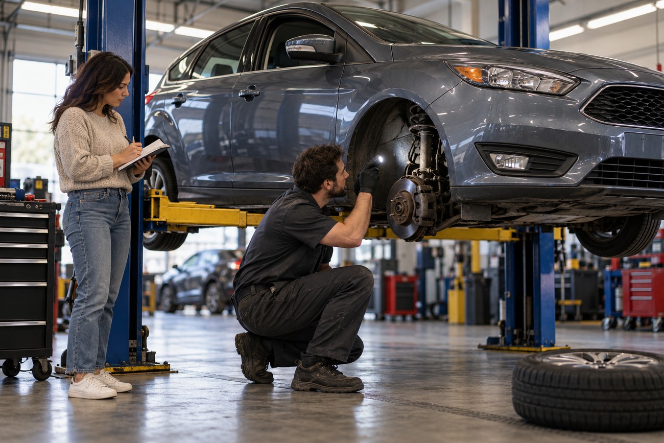 A mechanic inspecting a grey Ford Focus lifted on a hydraulic lift in a repair shop while a woman writes on a clipboard