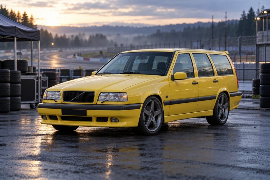 Bright yellow Volvo 850 T-5R wagon parked on the wet asphalt of a racetrack paddock at sunset