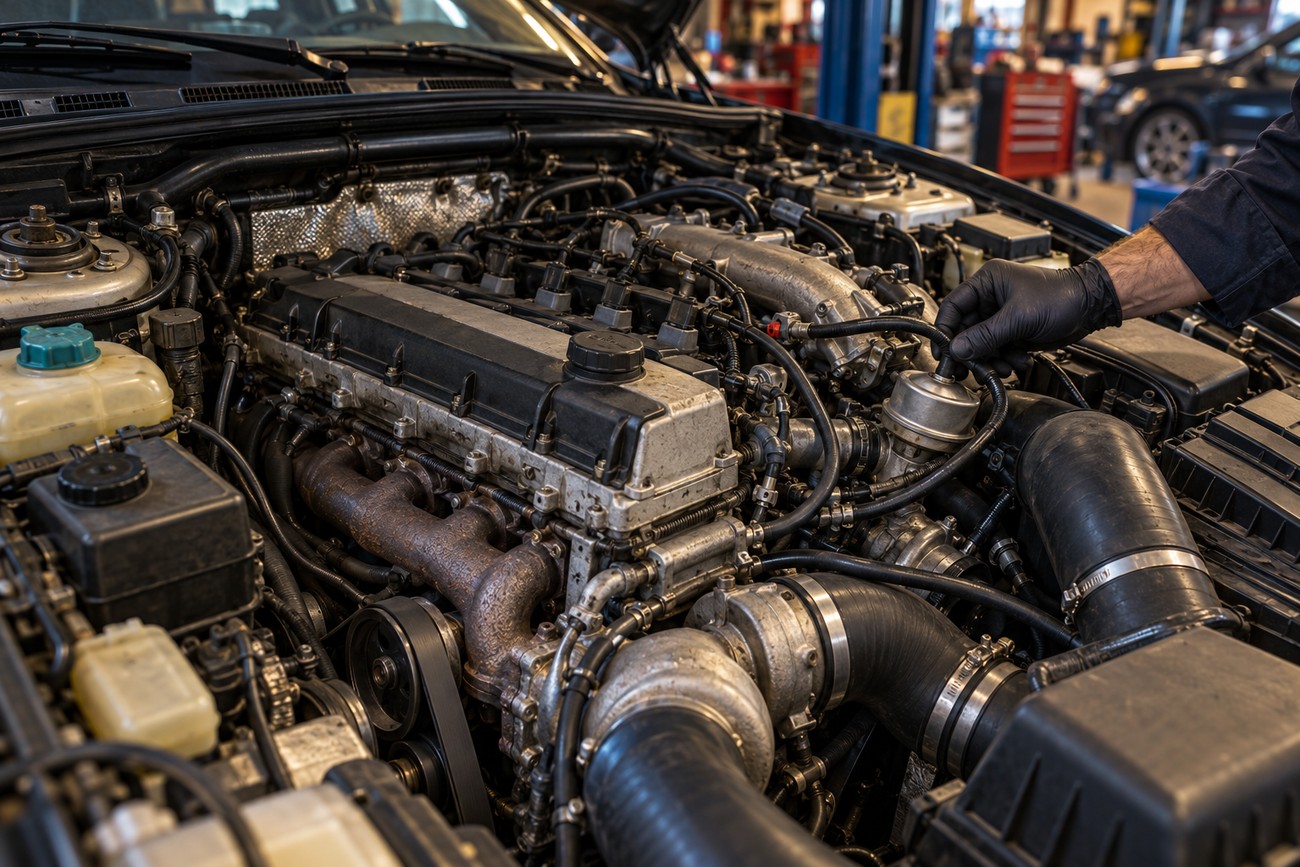 A mechanic wearing gloves inspecting the turbocharged engine bay of a Volvo 850 T-5R inside a repair shop