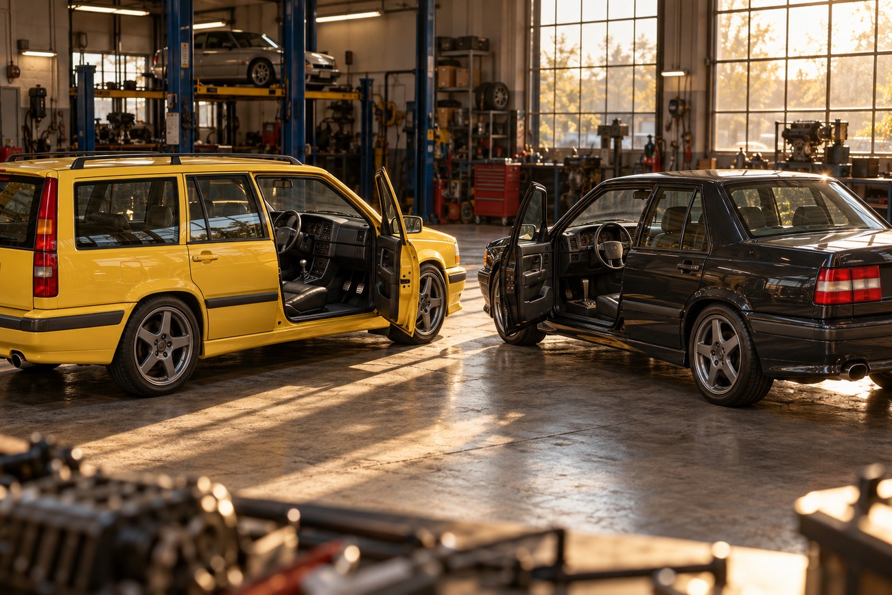 A yellow Volvo 850 T-5R wagon and a black sedan with open doors parked inside a vintage mechanic workshop