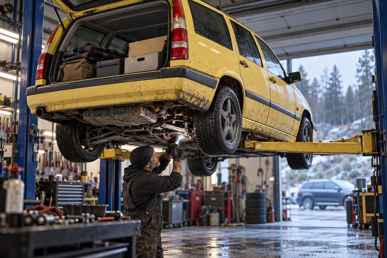 Mechanic inspecting the undercarriage of a yellow Volvo 850 T-5R wagon raised on a hydraulic lift in a service garage
