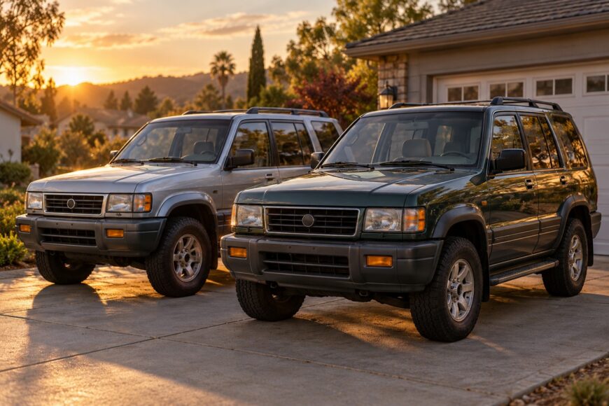 Two vintage SUVs, a dark green and a silver Acura SLX, parked side-by-side on a concrete driveway during a warm sunset