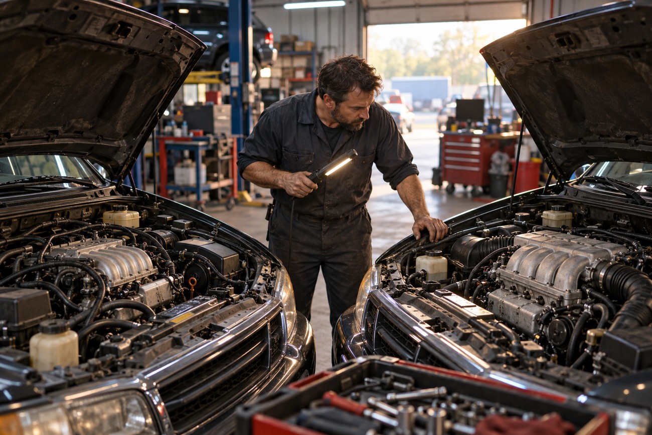 A mechanic holding a work light while inspecting the engine compartments of two SUVs in a repair shop