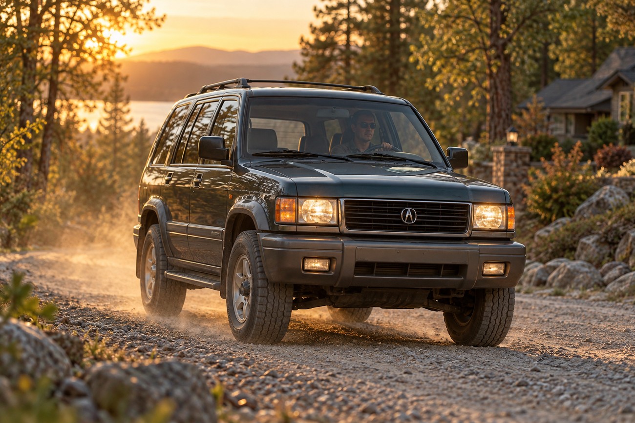A dark green Acura SLX SUV driving on a dusty gravel road during sunset with trees and a house in the background