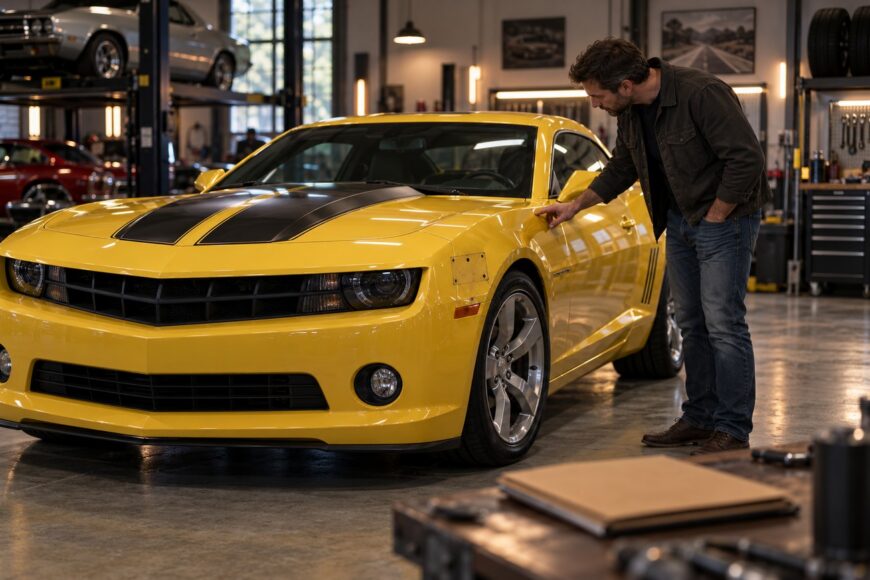 A man inspects the bodywork of a yellow Chevy Camaro movie car inside a workshop
