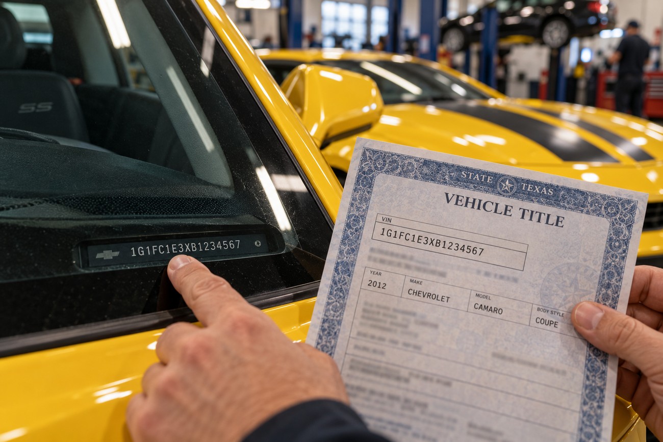 A person pointing at the dashboard VIN plate of a yellow Chevrolet Camaro while holding a vehicle title document