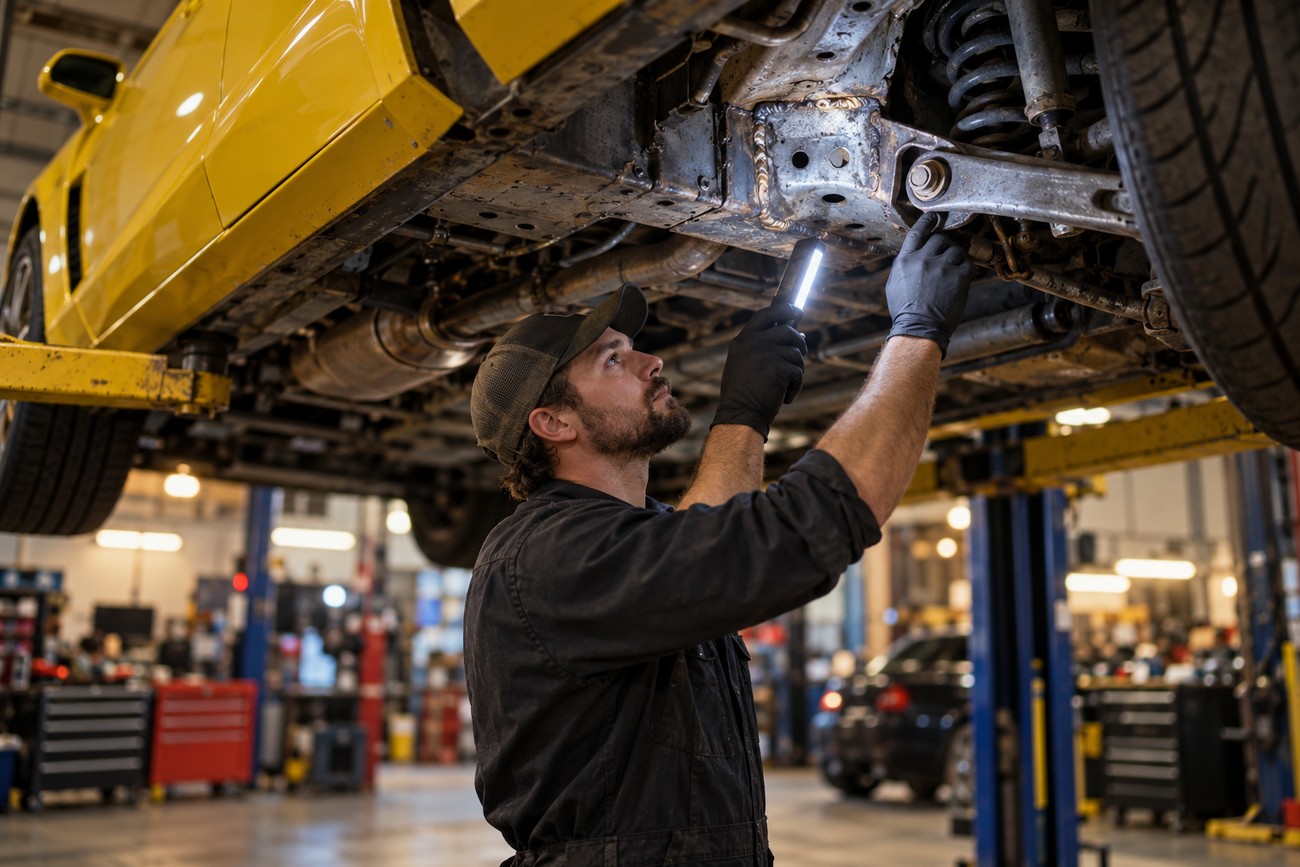 Mechanic wearing gloves and a cap inspecting the underbody and suspension of a yellow Chevy Camaro with a flashlight in a garage