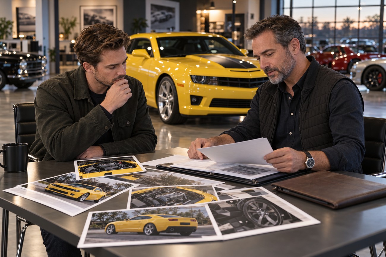 Two men sitting at a table in a dealership reviewing photos and documents of a yellow movie car Chevy Camaro