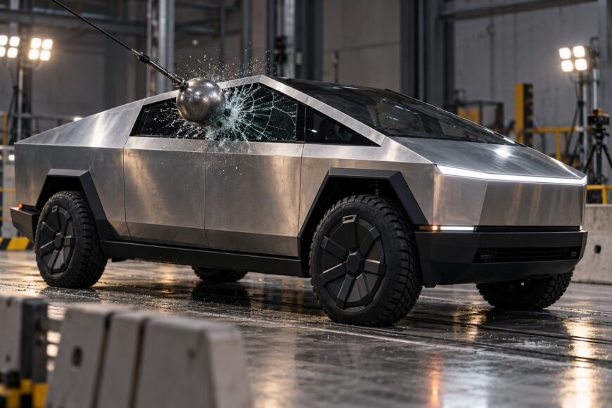 A heavy metal ball striking and shattering the side window of a Tesla Cybertruck in a testing facility