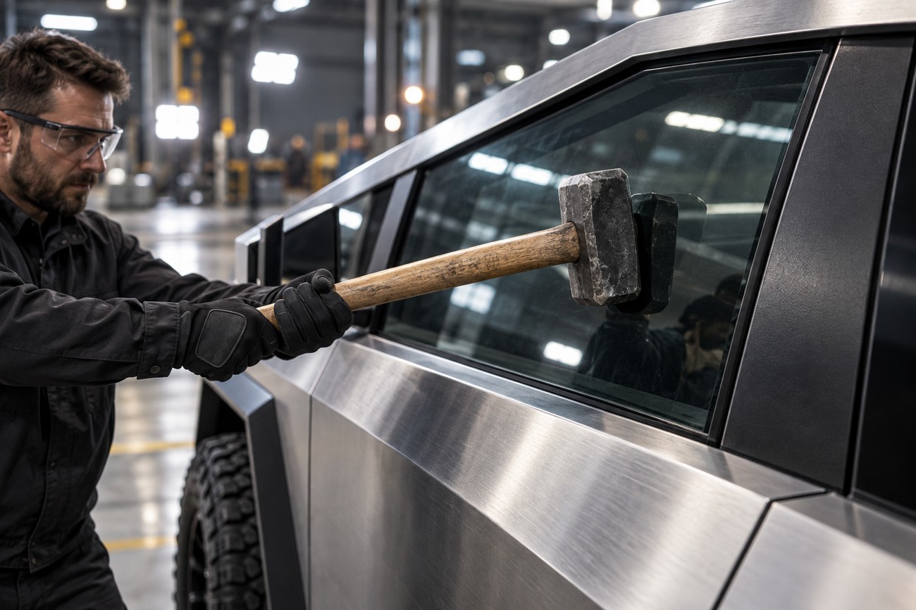 A man wearing safety glasses and gloves strikes the window of a Tesla Cybertruck with a sledgehammer