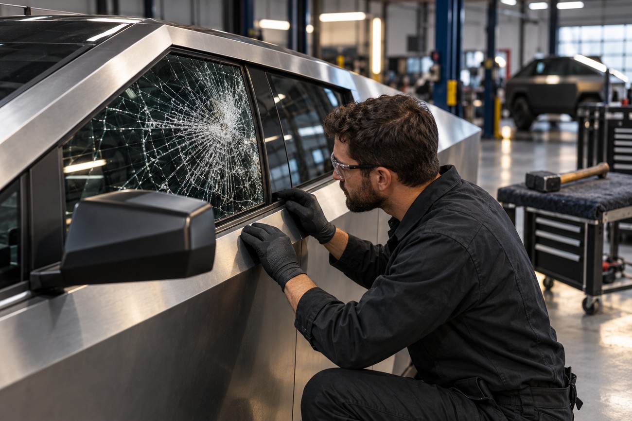 A mechanic wearing safety glasses and black gloves inspects the shattered driver side window of a Tesla Cybertruck in a garage