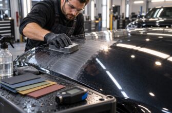 A technician wearing safety glasses and black gloves uses a sanding block to wet sand the glossy black roof of a car in a body shop