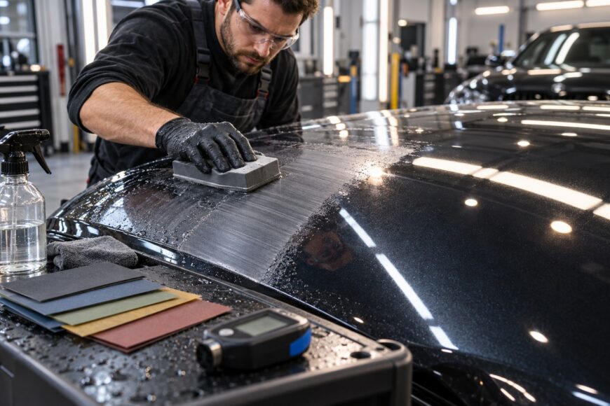A technician wearing safety glasses and black gloves uses a sanding block to wet sand the glossy black roof of a car in a body shop