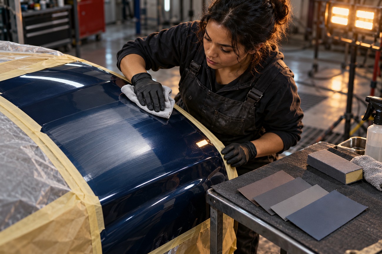 Female technician in black overalls and gloves wiping and color sanding a glossy dark blue car body panel in a workshop