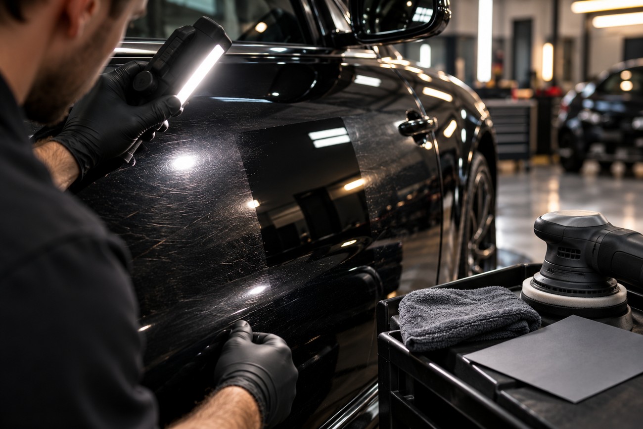 A mechanic in black gloves inspects a freshly color-sanded black car door with a handheld inspection light in a workshop