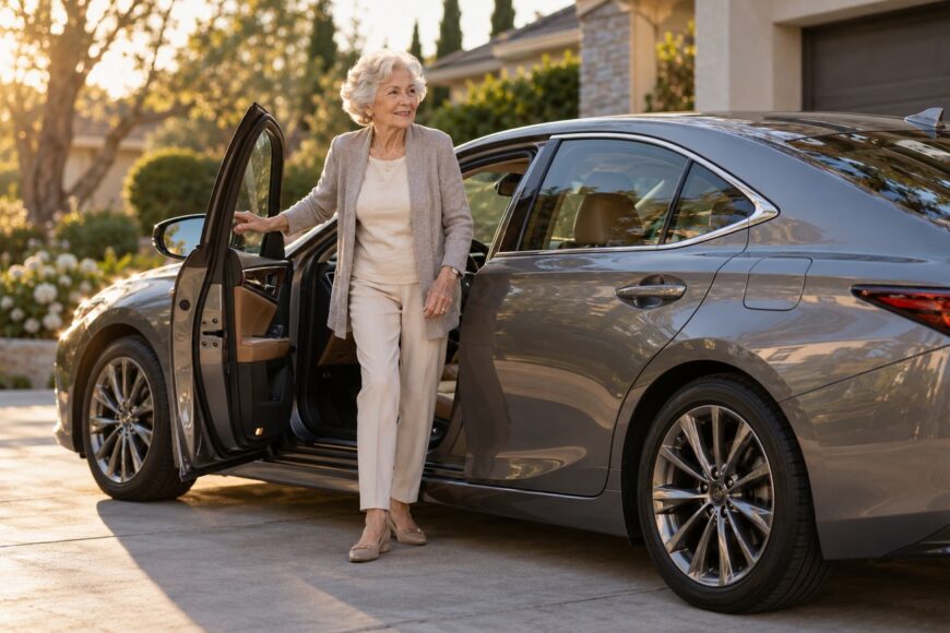 An elderly woman with white hair stepping out of the driver seat of a grey Lexus ES parked in her driveway