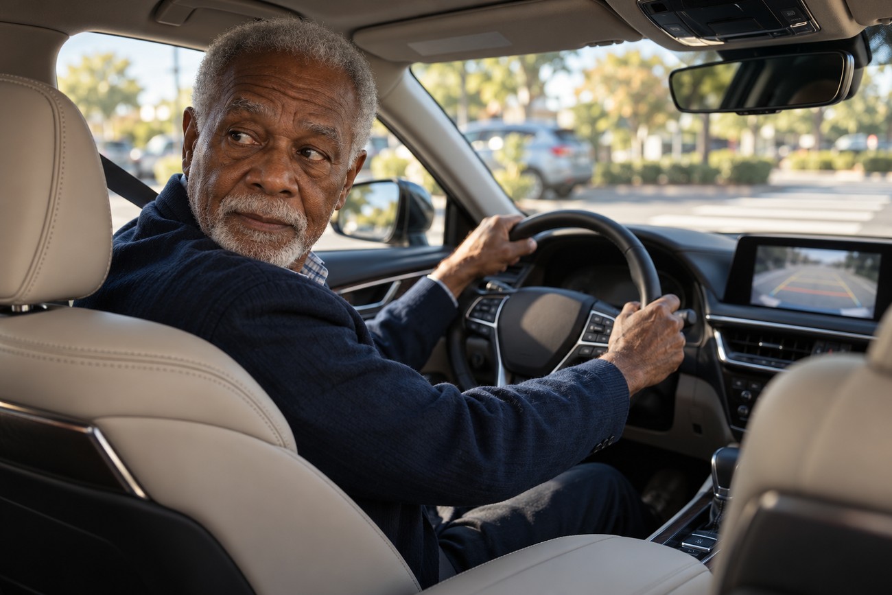 An elderly man with gray hair and a beard driving a Lexus ES looks back over his shoulder while holding the steering wheel