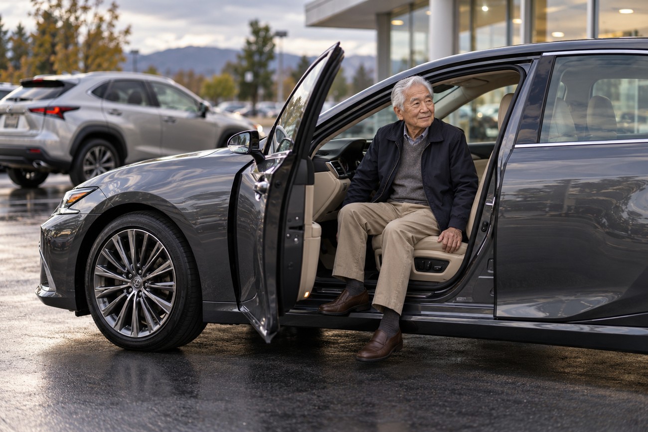 An elderly senior driver with white hair sitting in the driver seat of a gray Lexus ES sedan while opening the car door