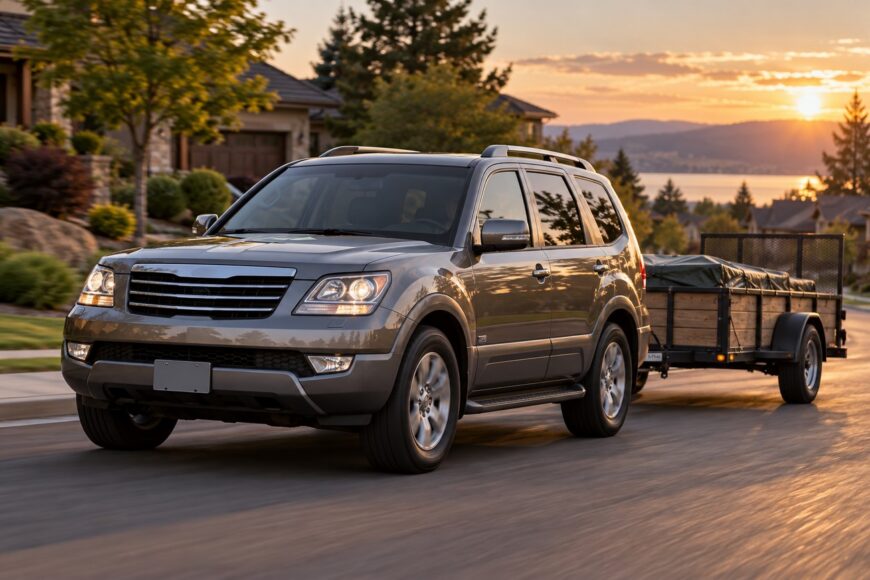 Gray Kia Borrego SUV pulling a utility trailer along a suburban road at sunset