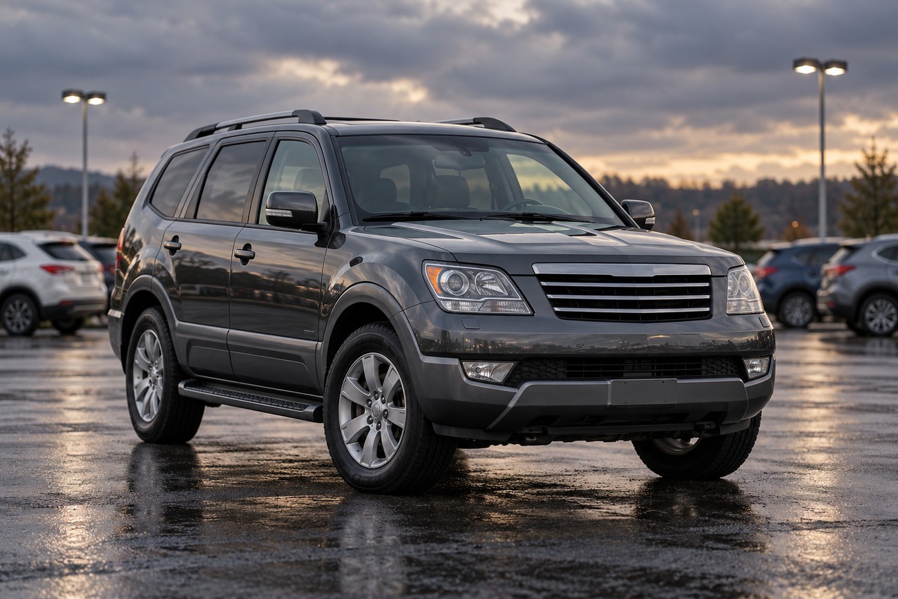 Dark gray Kia Borrego SUV parked on a wet asphalt parking lot under a cloudy evening sky