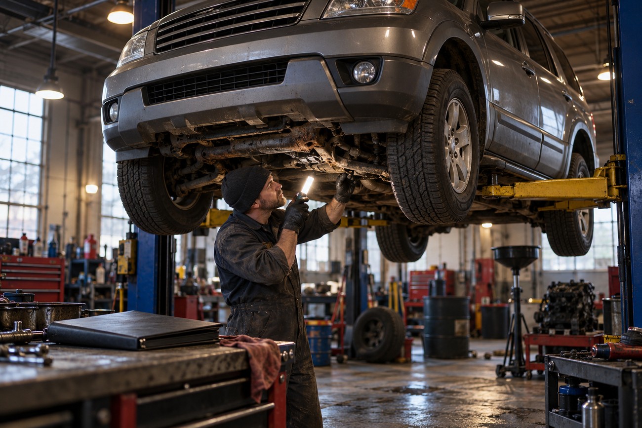 A mechanic inspecting the frame and suspension of a Kia Borrego SUV lifted in a garage