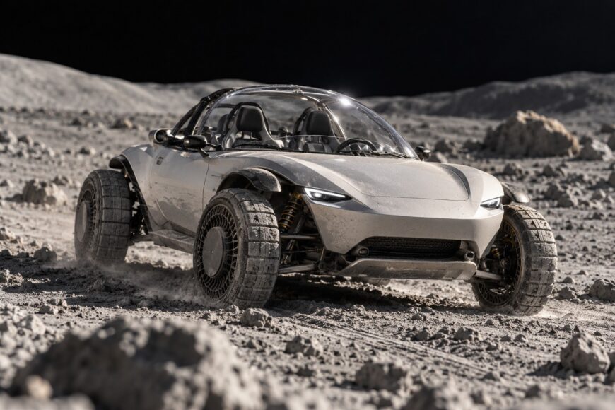 A futuristic Mazda MX-5 Miata lunar rover with airless tires driving across the rocky gray surface of the moon