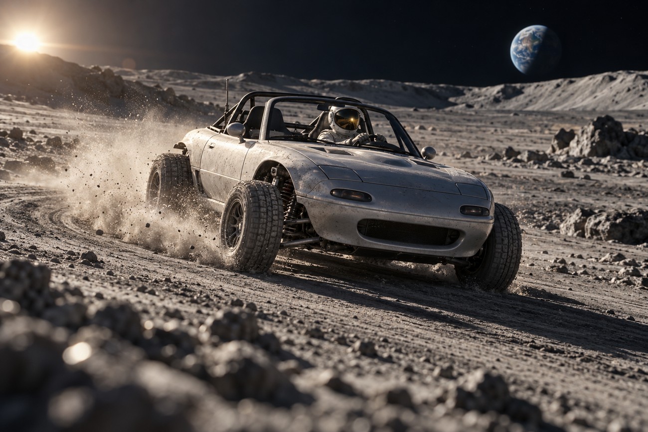 Modified Mazda MX-5 Miata driving on the moon surface with an astronaut driver and Earth in the sky